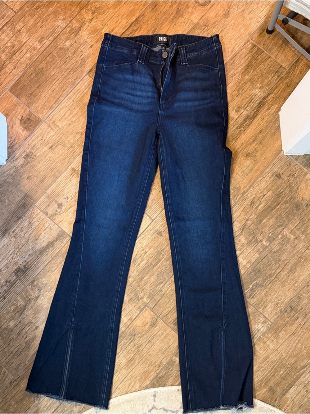 PAIGE Dark Indigo Flare Jeans with Raw Split Hem